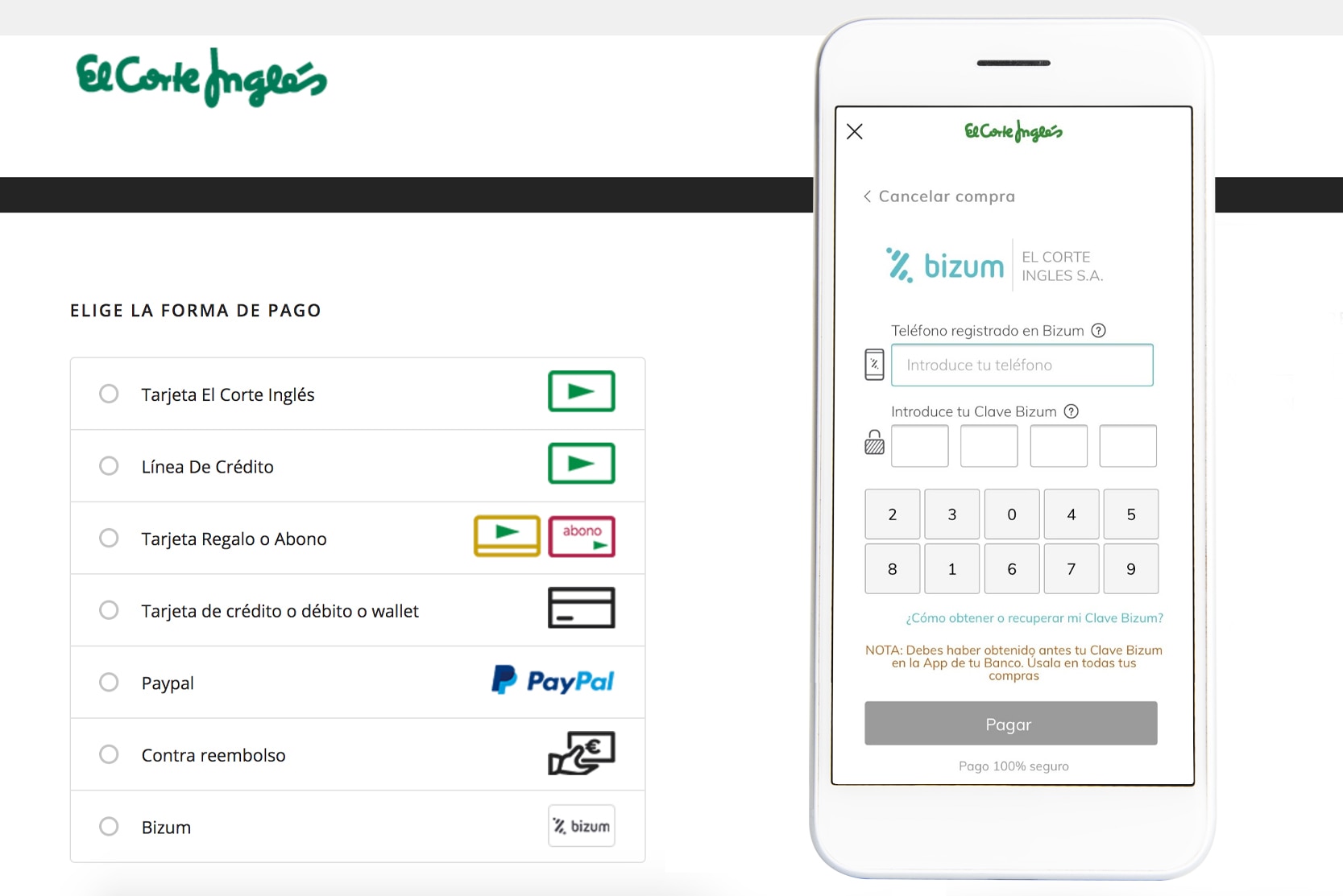 El Corte Inglés y BBVA se alían para incorporar Bizum como medio de pago en compras online 