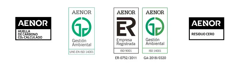 Logotipos AENOR Huella de carbono CO2 calculado, Aenor Gestión Ambiental UNE-EN ISO 14001, Aenor Empresa Registrada, ISO 9001, ER-0752/2011, Aenor Gestión Ambiental, ISO 14001, GA-2018/0320, Aenor Residuo Cero