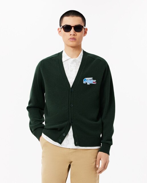 Cárdigan de hombre de punto con insignia de cocodrilo en verde
