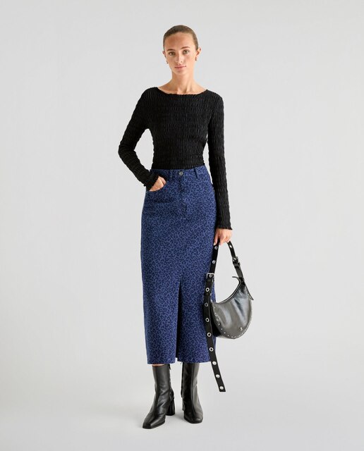 Falda midi animal print con cierre de cremallera