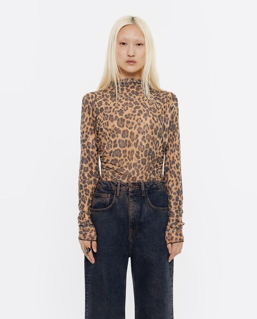 Camiseta de mujer ajustada con tul y estampado Leopard