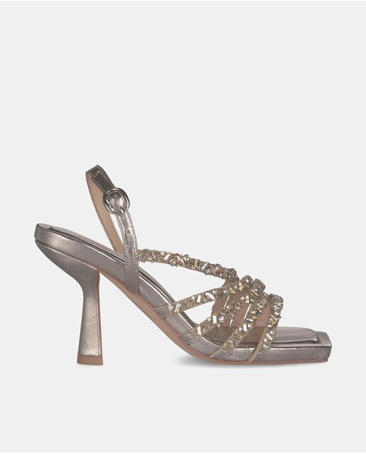 Sandalias de tacón de mujer con puntera cuadrada y tiras de pedrería