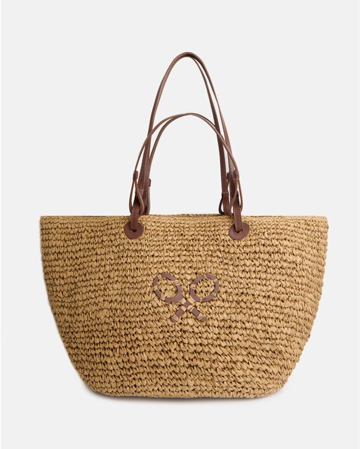 Capazo de mujer rafia aplique raqueta marrón