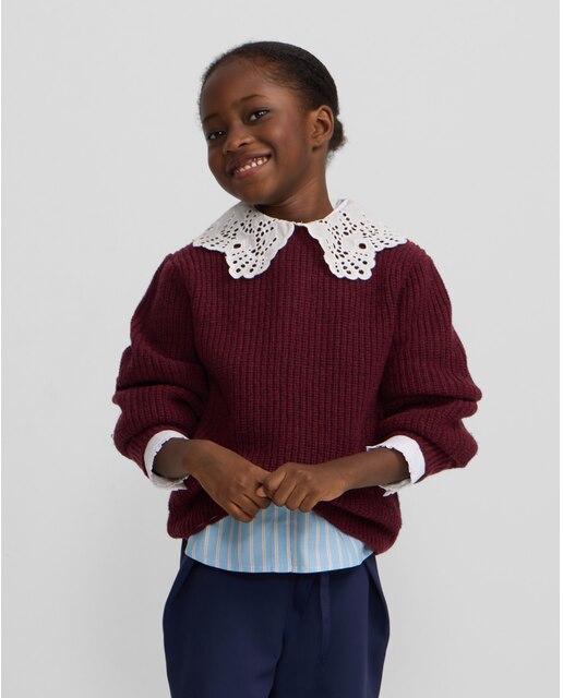 Jersey de niña punto cuello bobo burdeos