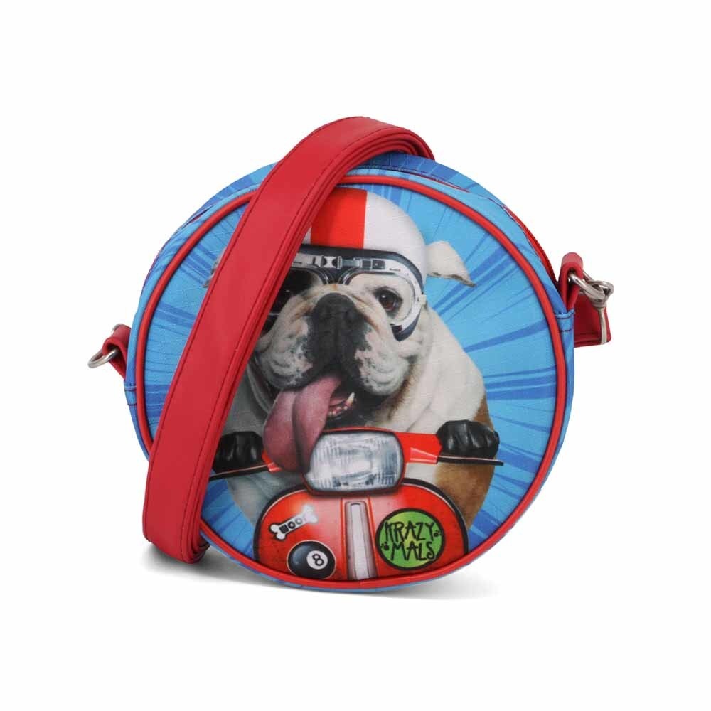 Bolso Karactermania Krazymals Bulldog redondo en color azul y rojo.