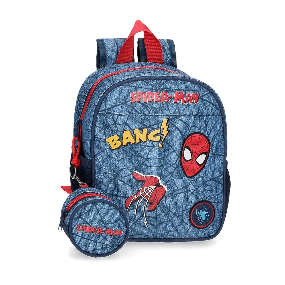 Mochila Spiderman Denim 25 cm adaptable con porta chupete.