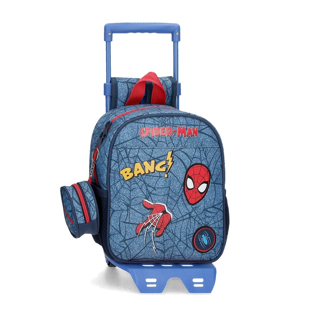 Mochila guardería Spiderman Denim con carro 25cm con porta chupete.