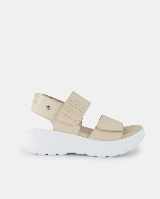 Imagen 0 de Sandalias de mujer en beige de tiras gruesas con doble cierre adherente y plataforma