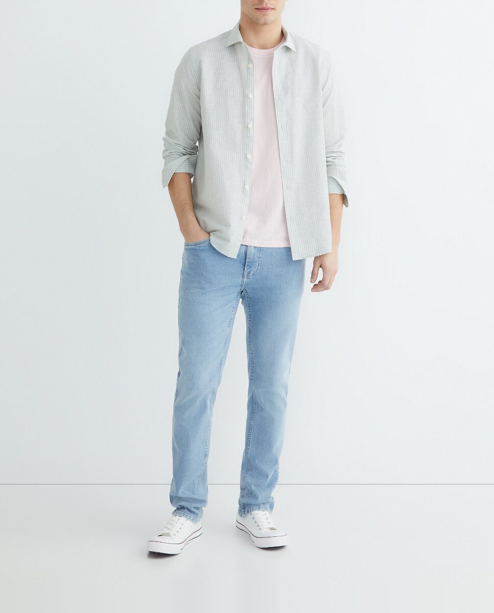 Imagen 0 de Camisa de hombre de lino y algodón rayas slim fit
