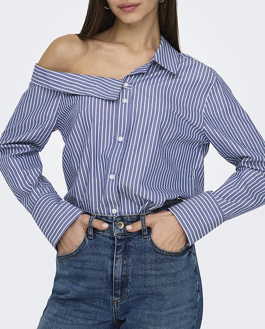 Imagen 0 de Camisa rayas de mujer larga con hombro descubierto