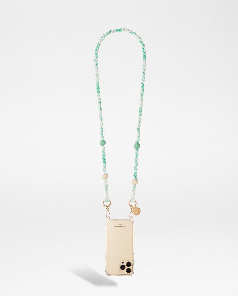 Imagen 0 de Cadena de bisutería Eden La Coque Française 120 cm de largo atada y teñida de verde con cuentas de madera blancas y verdes y mosquetones dorados