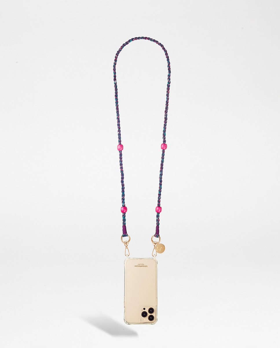 Imagen 0 de Cadena de bisutería Lila La Coque Française con estampado de cachemira morado cuentas de madera moradas mosquetones dorados 120 cm de largo