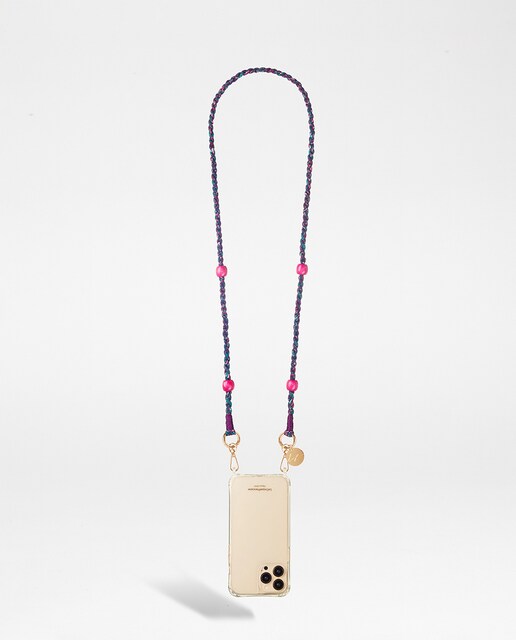 Imagen 0 de Cadena de bisutería Lila La Coque Française con estampado de cachemira morado cuentas de madera moradas mosquetones dorados 120 cm de largo