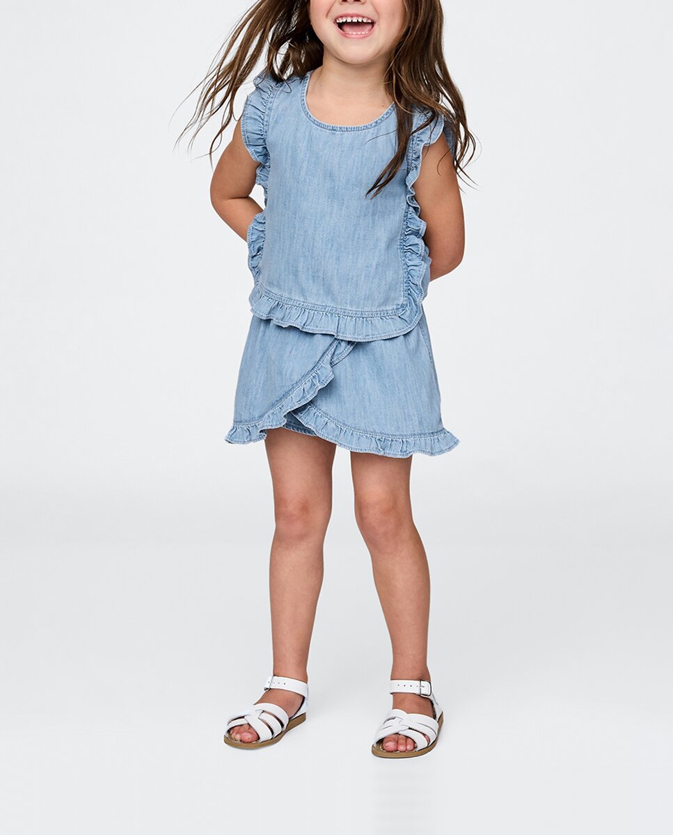 Imagen 0 de Conjunto de top y falda skort con volantes de denim para bebés y niñas pequeños