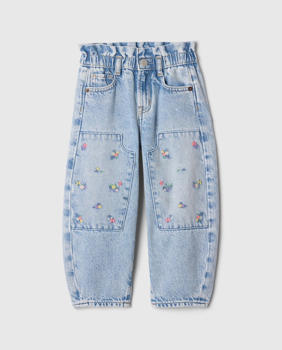Imagen 0 de Pantalón vaquero con flores  y cintura elástica de niña