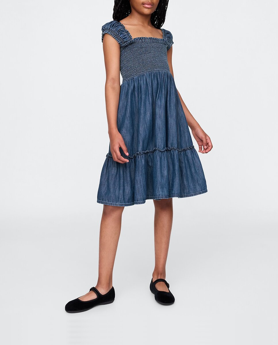 Imagen 0 de Vestido vaquero con mangas abullonadas de niña