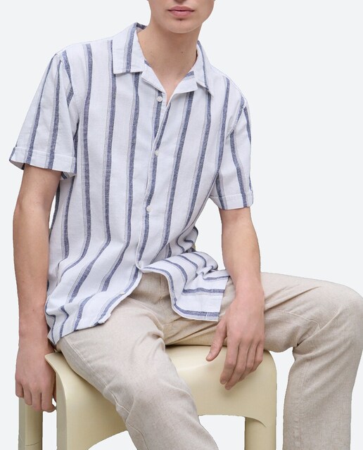 Imagen 0 de Camisa de hombre manga corta rayas algodón rustico bowling