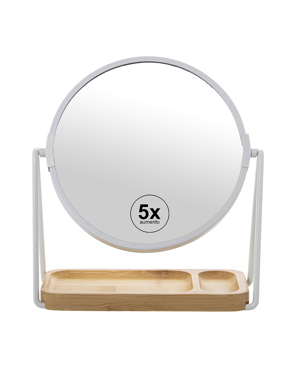 Imagen 0 de Espejo aumento 2 caras x1, x5 metal blanco con base bambu
