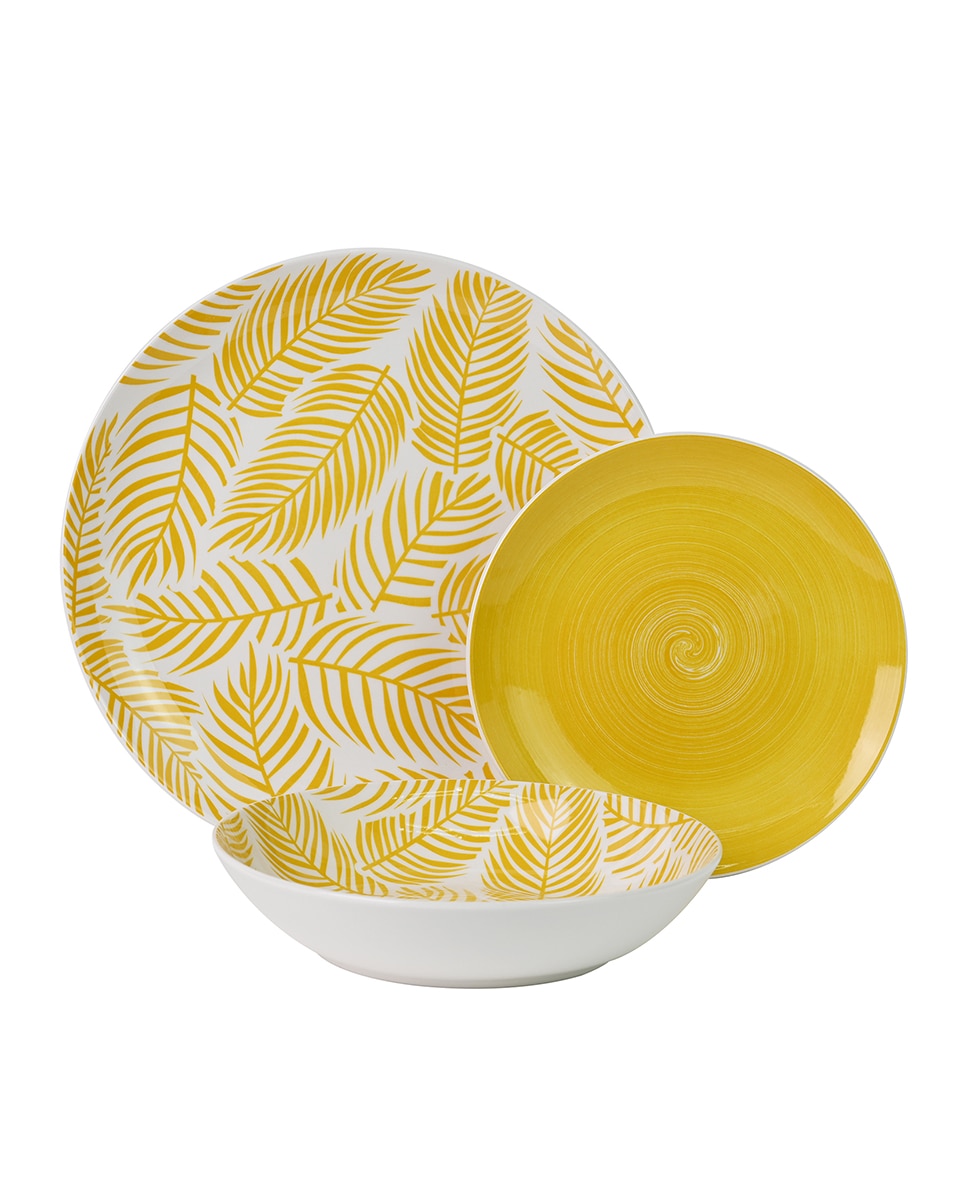 Imagen 0 de Vajilla 18 pzs porcelana amari llo hojas, plato llano:ø27cm