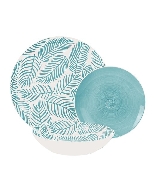Imagen 0 de Vajilla 18 pzs porcelana azul hojas, plato llano:ø27cm