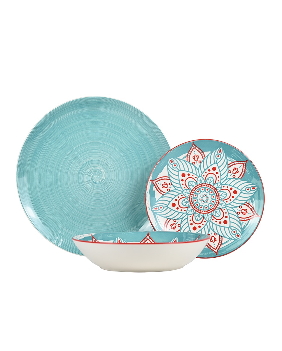 Imagen 0 de Vajilla 18 pzs porcelana azul mandala, plato llano:ø27cm