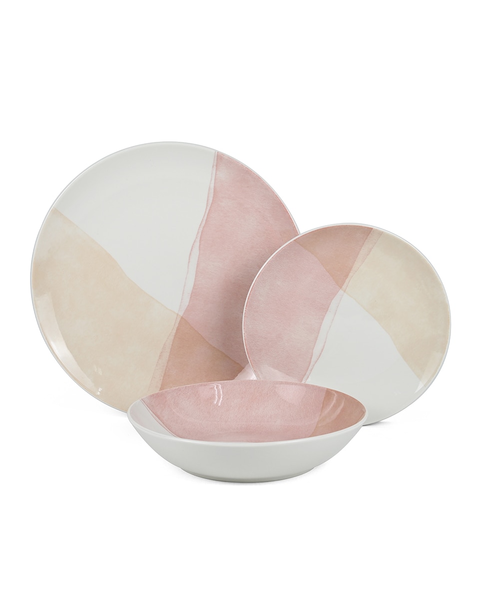 Imagen 0 de Vajilla 18 pzs porcelana tonos rosa, plato llano:ø27cm