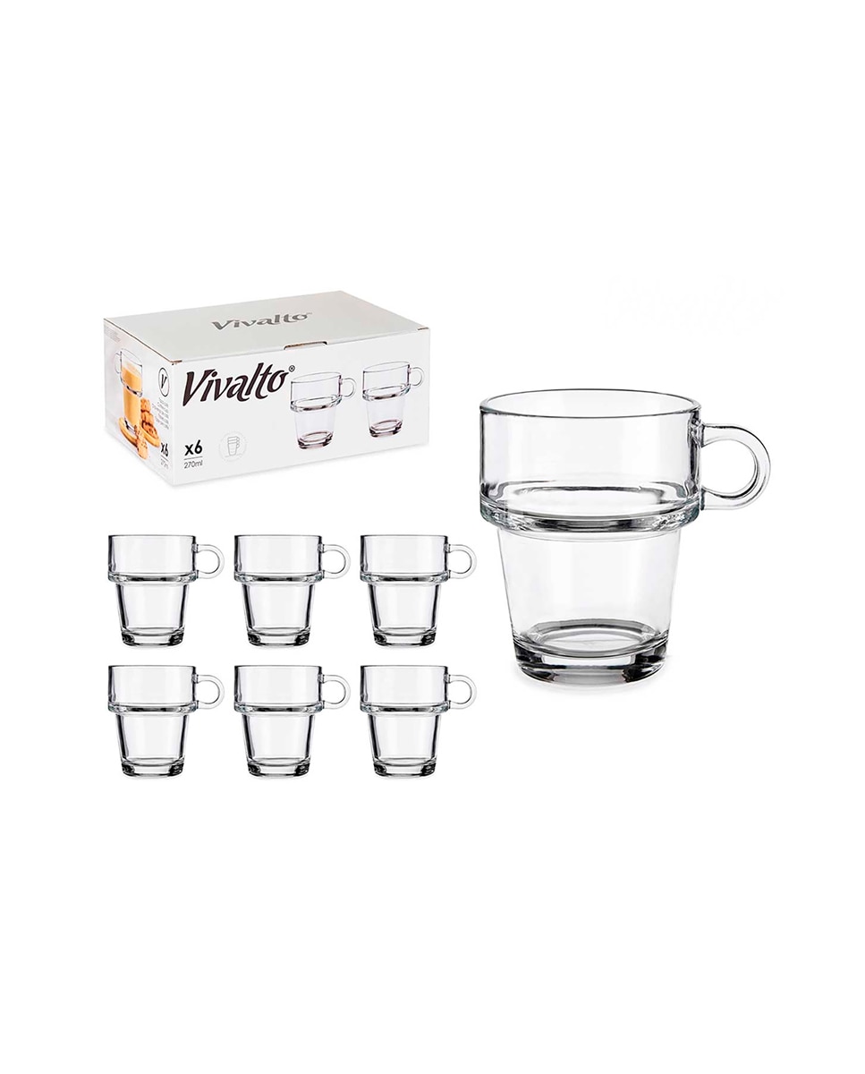 Imagen 0 de Pack 6 tazas vidrio apilable 270 ml con asa