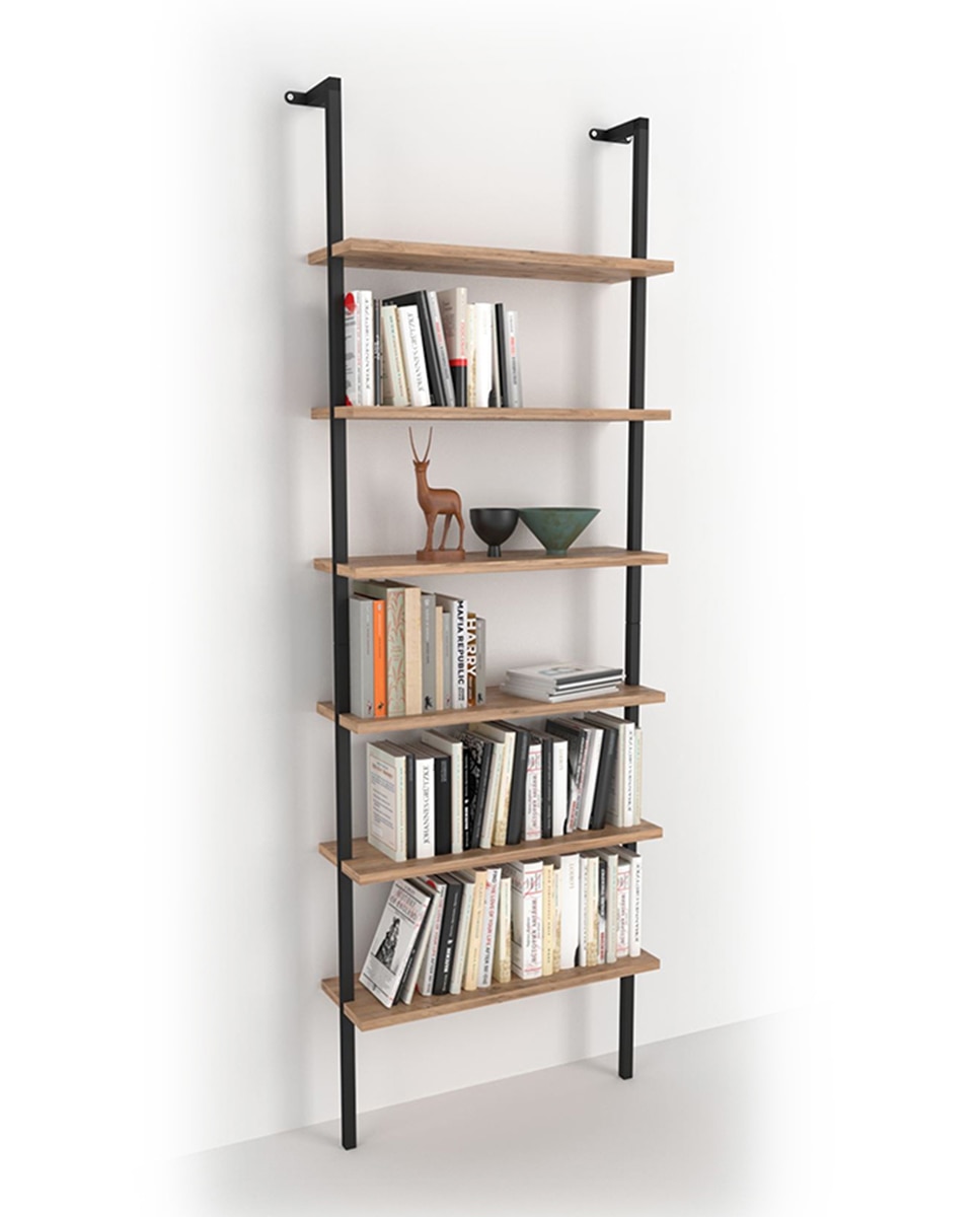 Imagen 0 de Estantería escalera de pared de estilo industrial con 6 estantes melamina roble safir y estructura metálica pintado negro