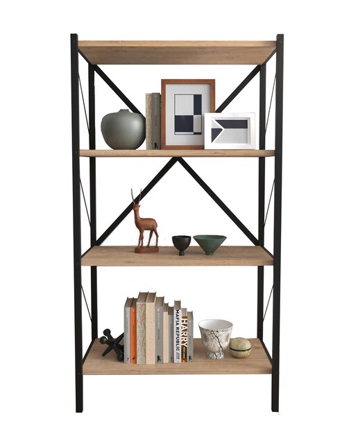 Imagen 0 de Estantería librería metálica estilo industrial con 4 estantes melamina color roble safir estructura metálica negra