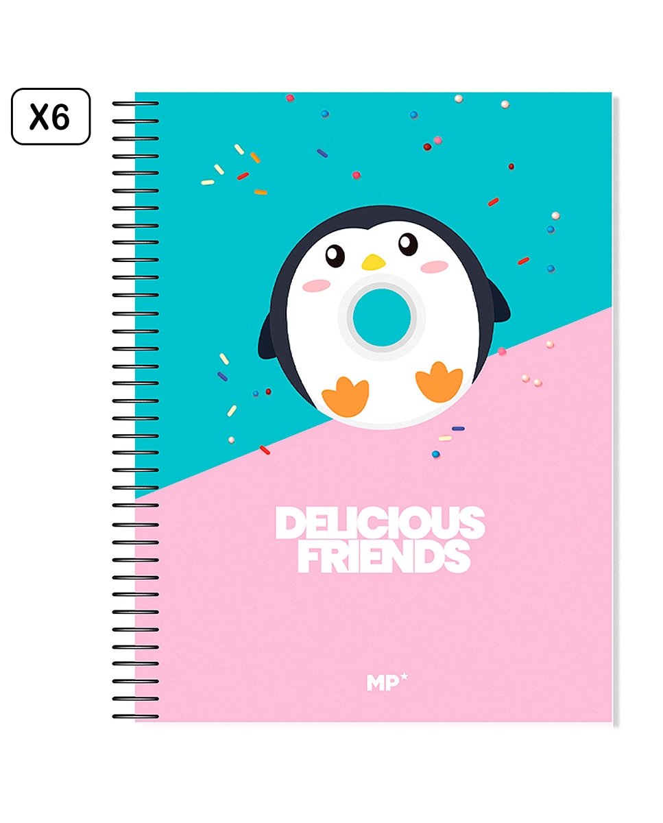 Imagen 0 de Pack 6 Unidades Cuaderno Extradura A4 120 Hojas Cuadricula Diseño Delicious Friends Pingüino