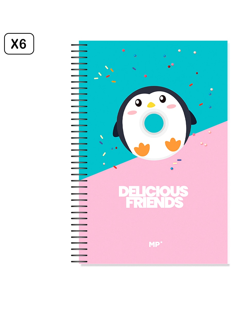 Imagen 0 de Pack 6 Unidades Cuaderno Espiral Fº 80 Hojas 90 G/M² Diseño Delicious Friends Pingüino