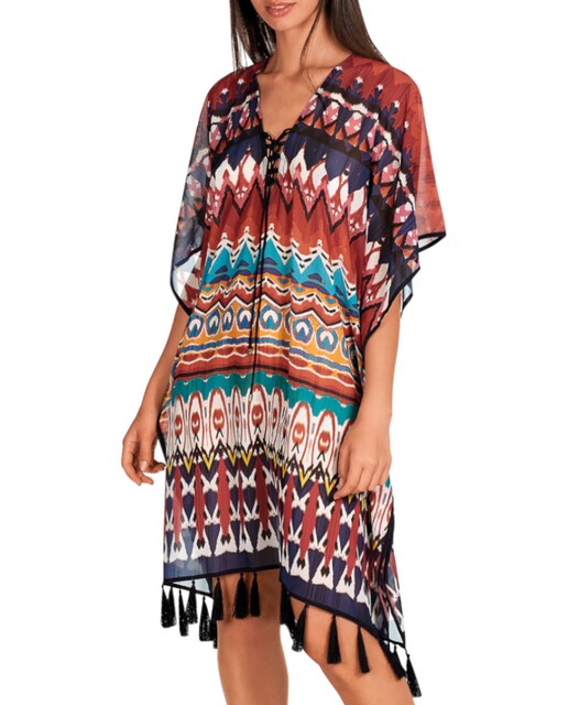 Imagen 0 de Kaftán de mujer corto estampado con flecos