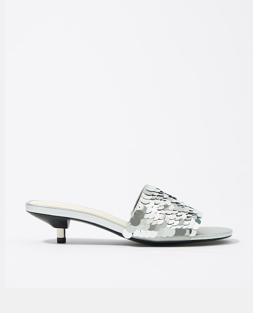 Imagen 0 de Sandalia de mujer tacón lentejuelas plateada