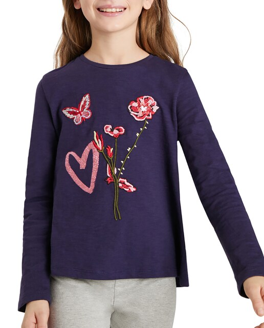 Imagen 0 de Camiseta de niña de manga larga con flores y mariposas bordadas