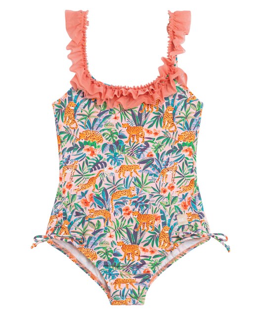 Imagen 0 de Bañador de niña estampado leopardos con volante en escote