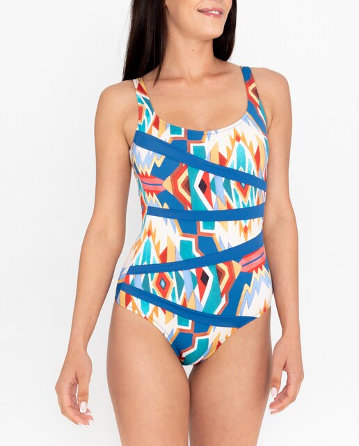 Imagen 0 de Bañador escote redondo con contrastes azules y estampado étnico