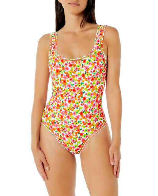 Imagen 0 de Bañador de mujer básico foam con estampado de florecitas pequeñas con colores ácidos y ribete con transparencia