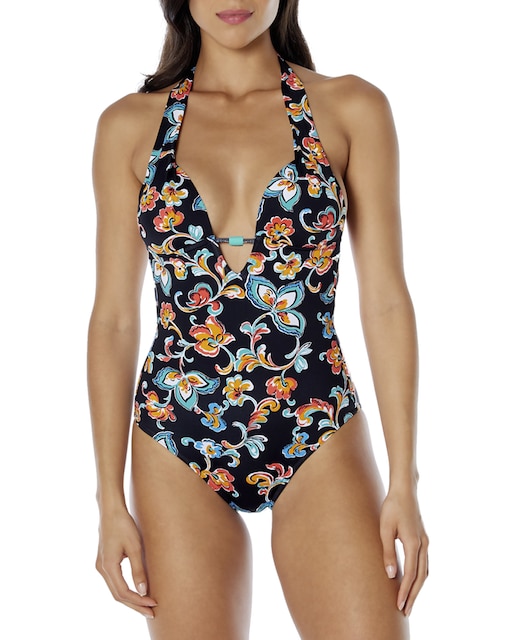 Imagen 0 de Bañador de mujer de microfibra con estampado de flores de colores vivos sobre fondo negro . Triángulo foam B.