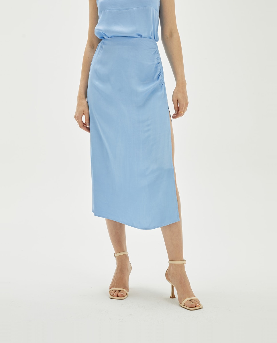 Falda midi tejido satinado fruncido frontal de mujer — oferta en Primeriti