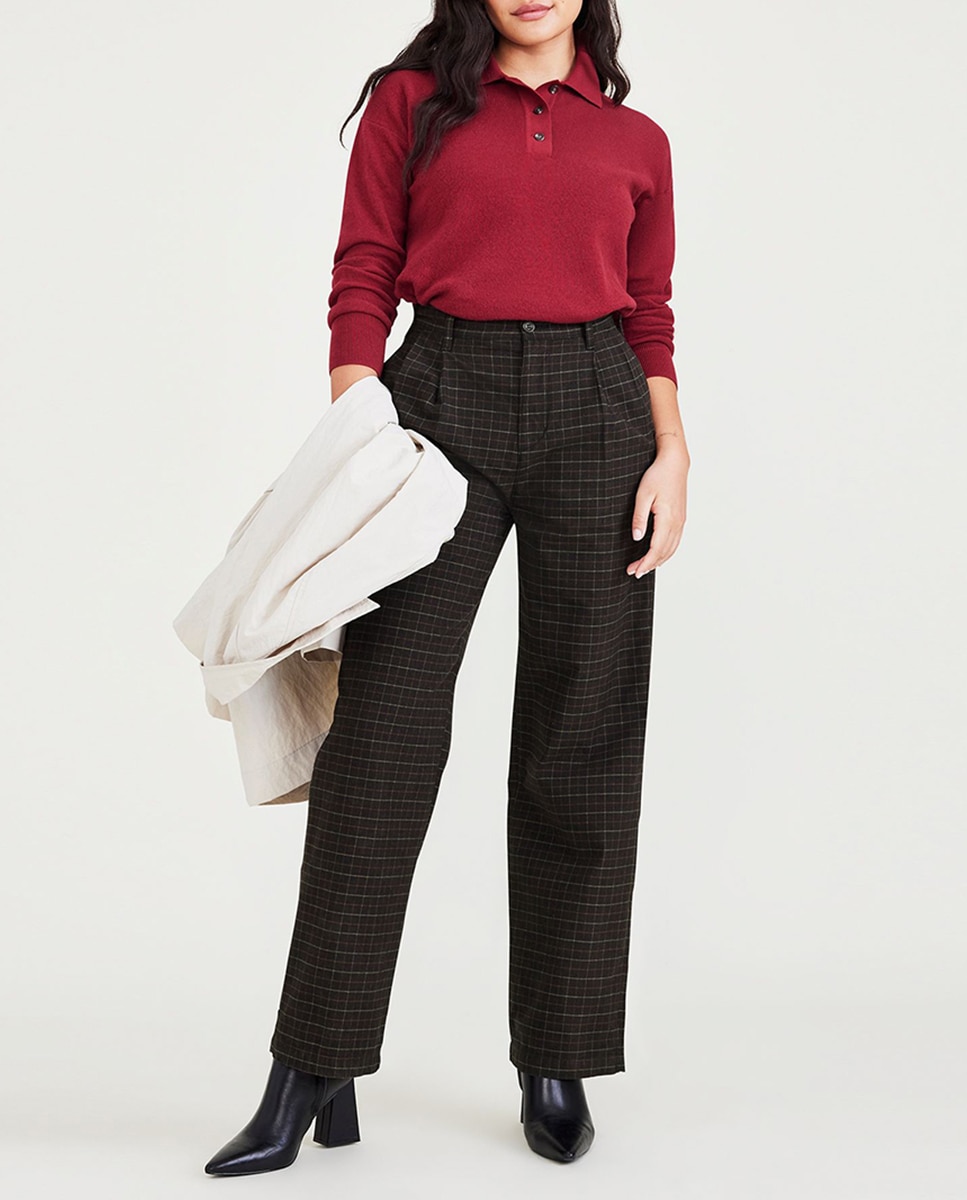 Pantalón chino de mujer con cintura alta, pierna ancha y pinzas — oferta en Primeriti