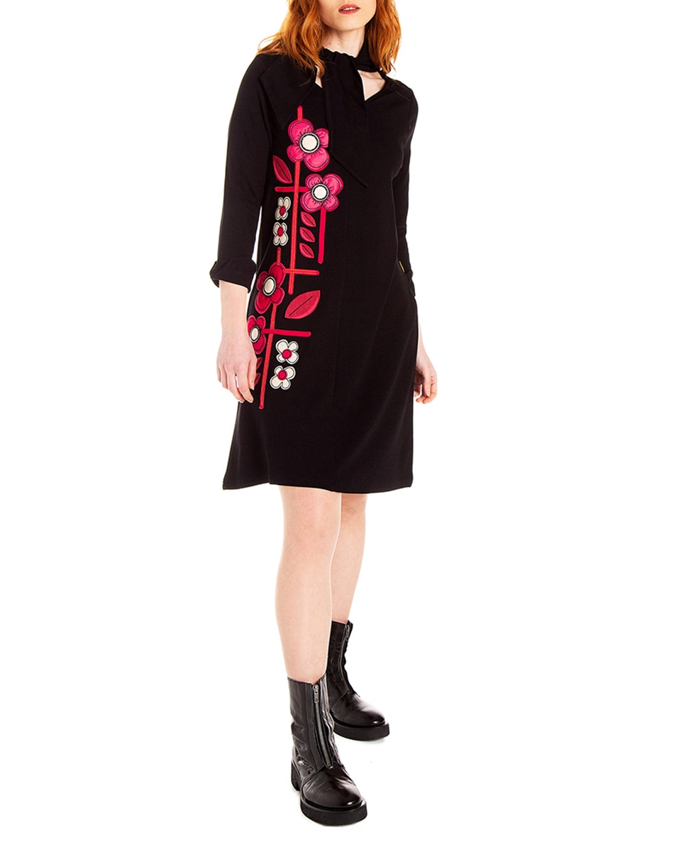 Vestido fluido con manga 3/4 y escote en pico con foular incorporado — oferta en Primeriti