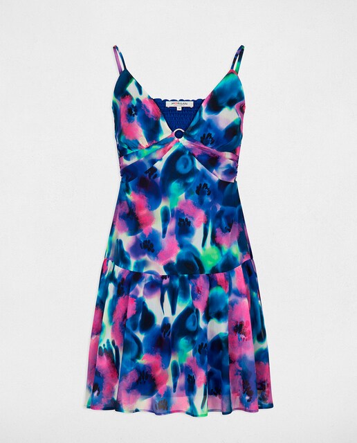 Vestido corto evasé estampado de mujer.