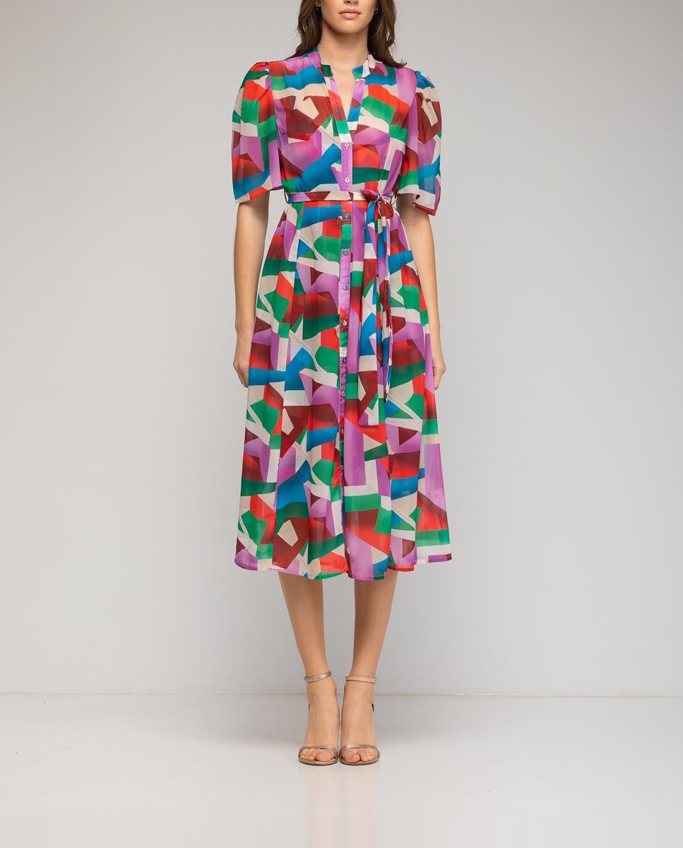 Imagen 0 de Vestido camisero midi con estampado geométrico colorido