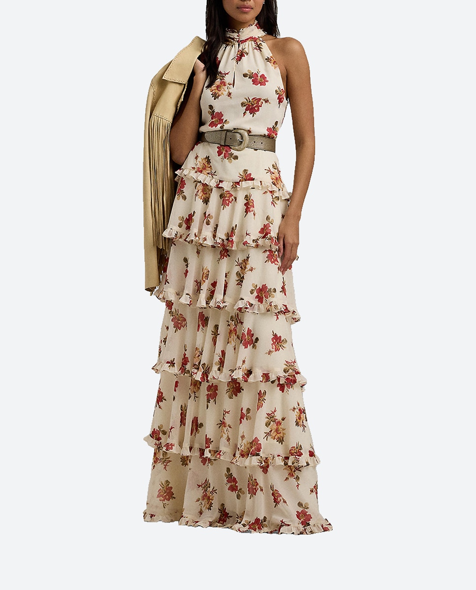 Imagen 0 de Vestido largo de cuello halter con flores