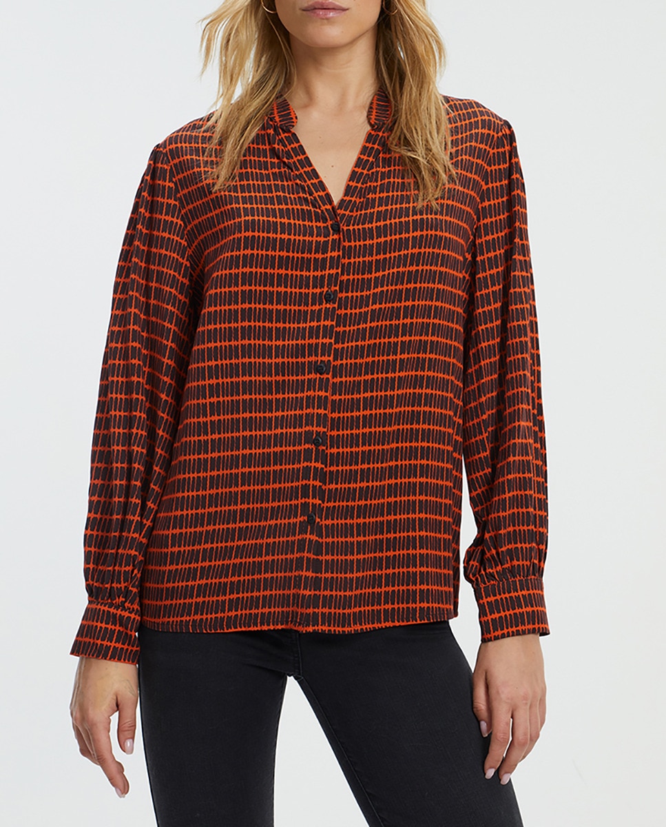 Imagen 0 de Camisa estampada de mujer de manga larga y cuello mao