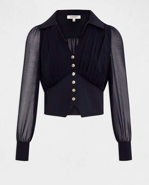 Blusa manga larga con pliegues de mujer.