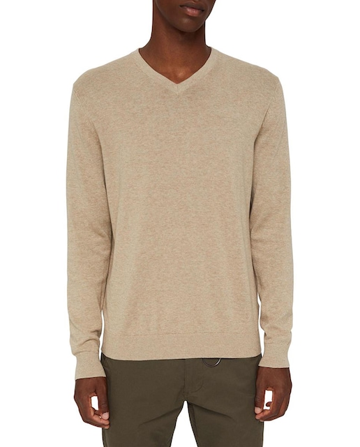 Imagen 0 de Jersey básico de hombre en algodón ecológico Pima beige con cuello pico