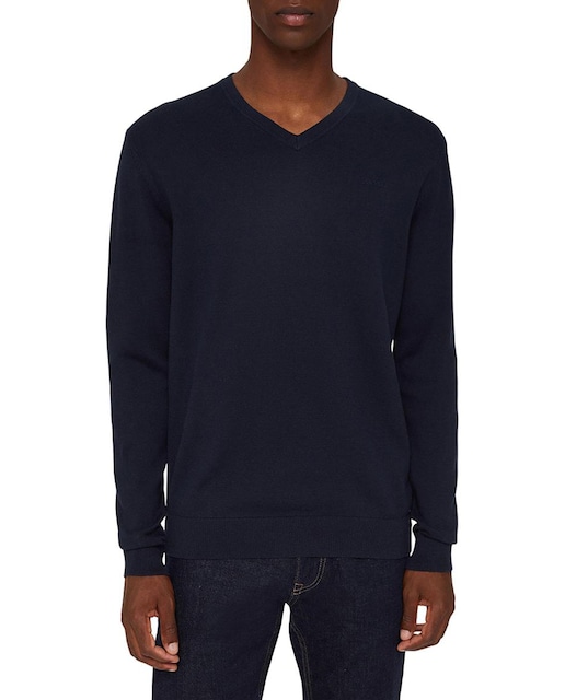 Imagen 0 de Jersey básico de hombre en algodón ecológico Pima azul marino con cuello pico