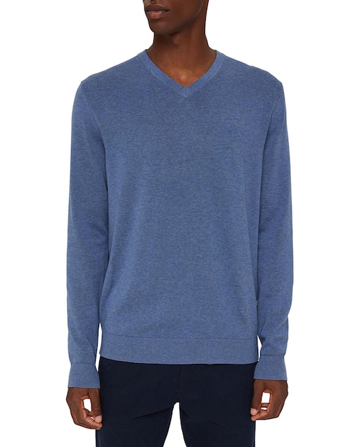 Imagen 0 de Jersey básico de hombre en algodón ecológico Pima azul con cuello pico