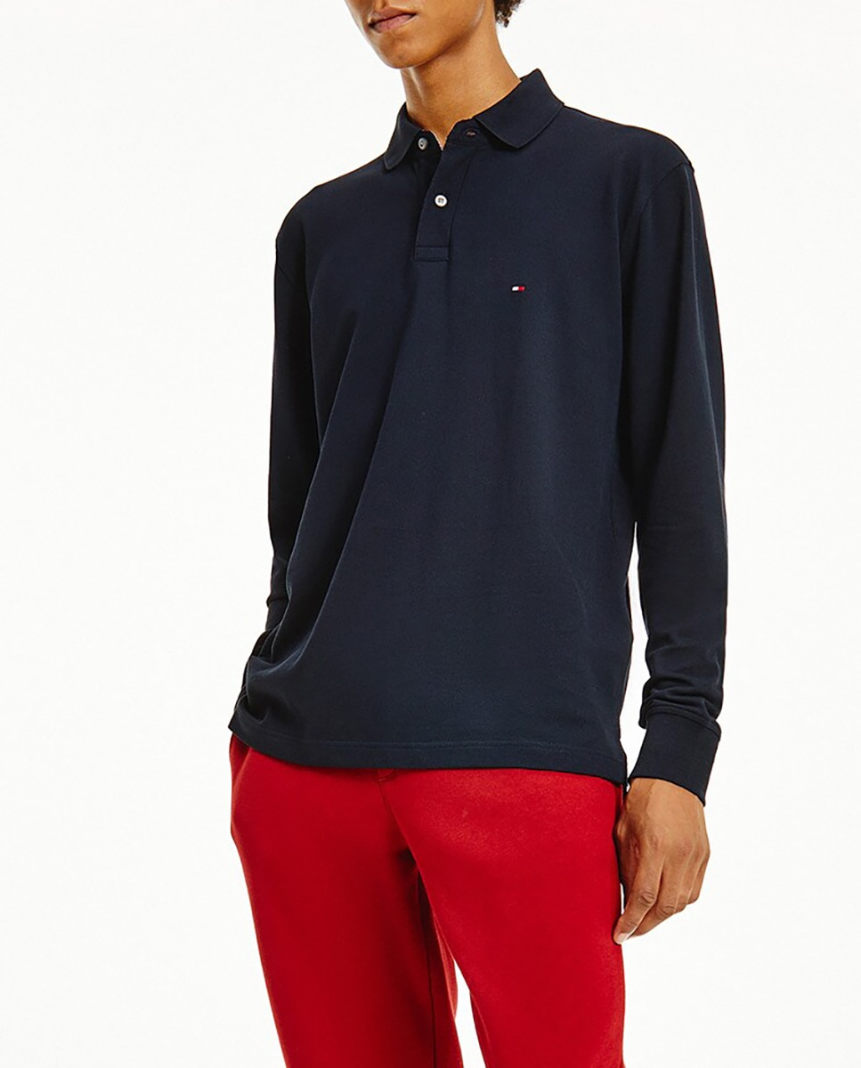 Imagen 0 de Polo piqué básico de hombre con algodón orgánico azul regular de manga larga